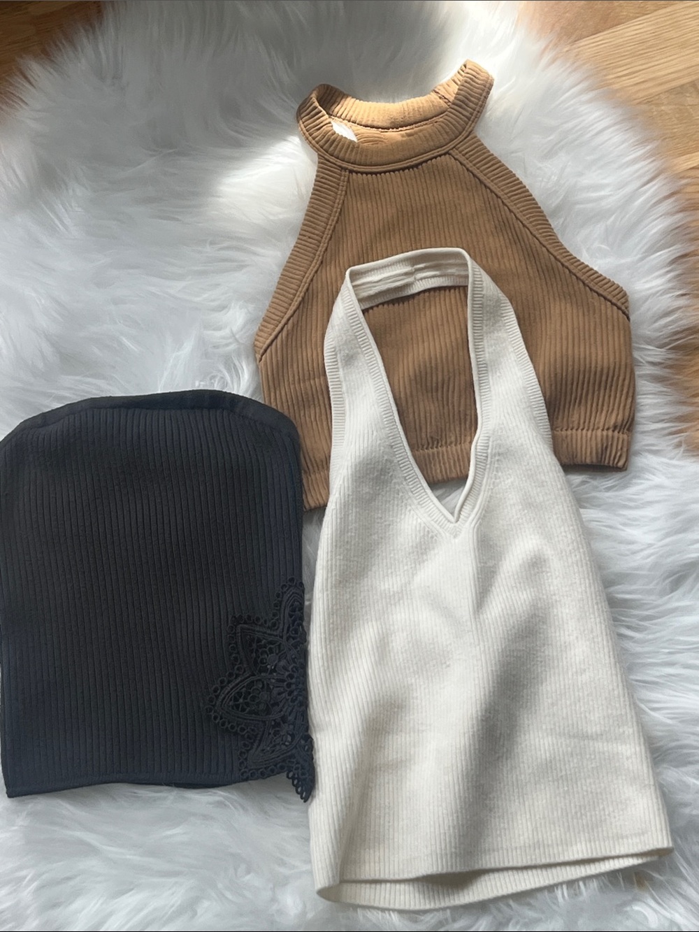 Aerie Ribbed Halter in cream (xxs), tube top in charcoal (xs), bra tank tan(xxs)